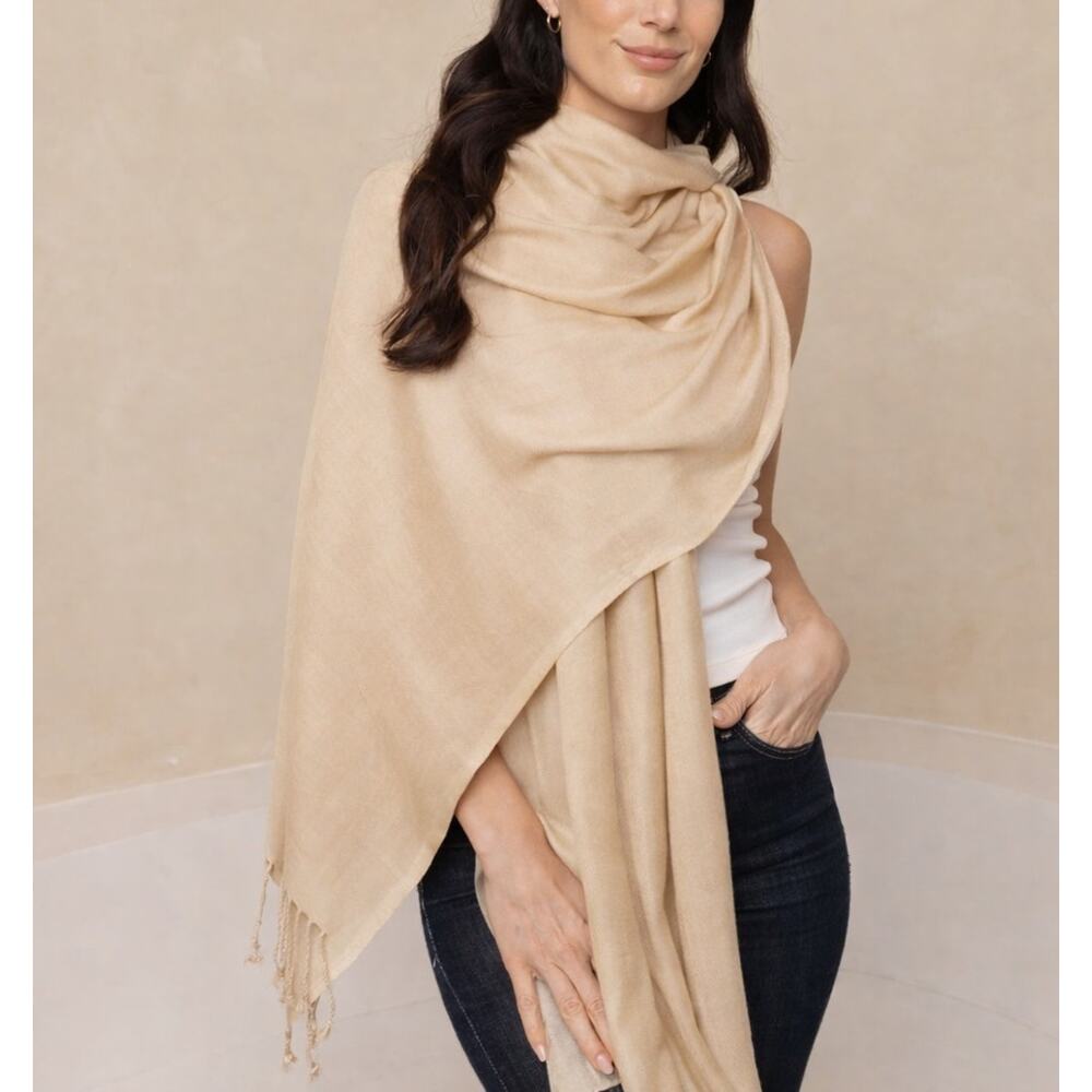 Bijoux Terner Beige Fringed Shawl Scarf 100% Viscose Lightweight Wrap